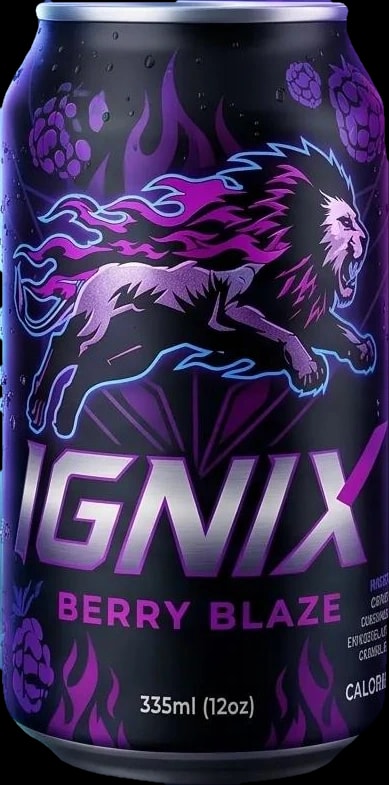 IGNIX Berry Blaze can — black with a violet neon lion and berries