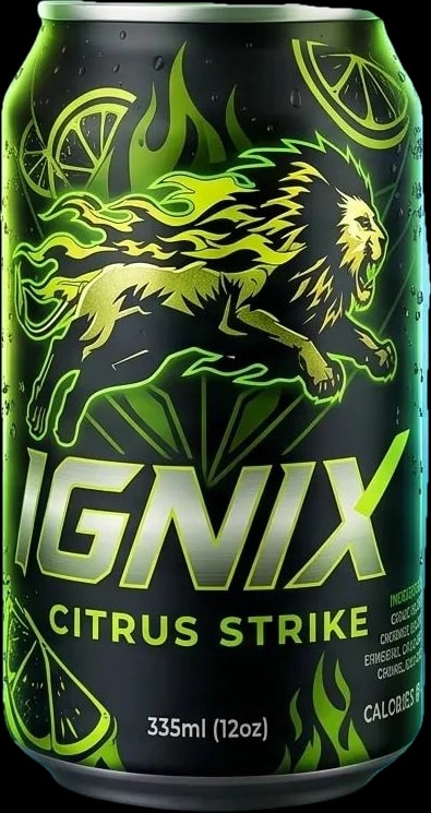IGNIX Citrus Strike can — black with lime-green neon lion and citrus slices