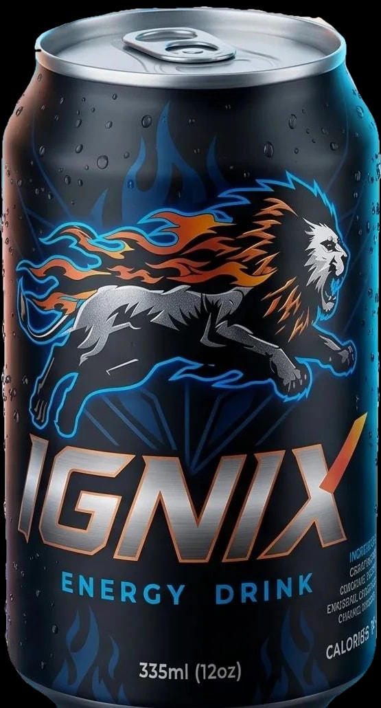 IGNIX Energy Drink can — black with a blue-edged leaping lion and orange flame mane