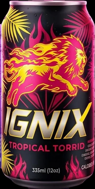 IGNIX Tropical Torrid can — black with a hot-pink and yellow lion and palm leaves